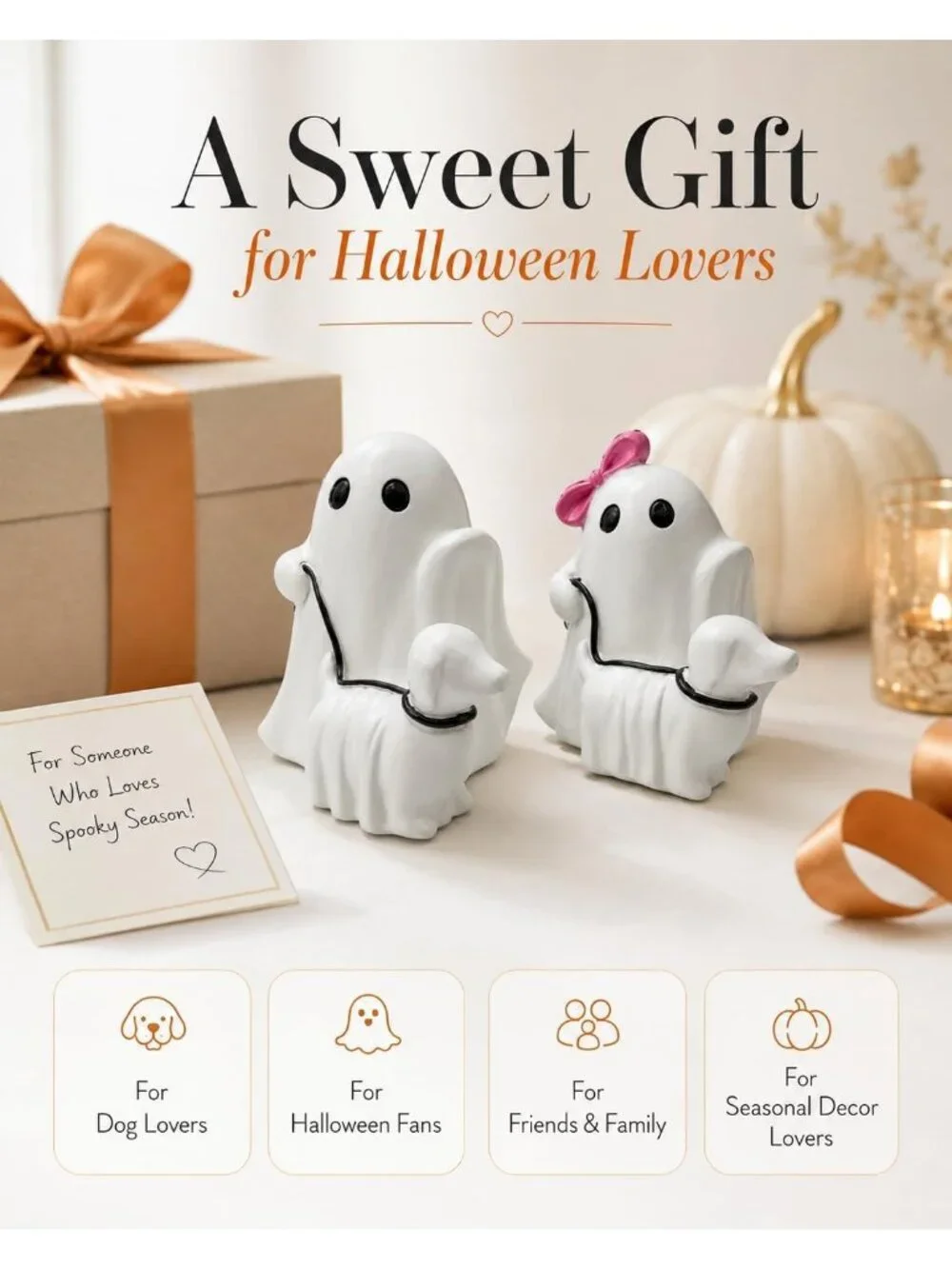 Ghost Walking Dog Halloween Figurine Cute Pink Bow Spooky Home Décor Statues